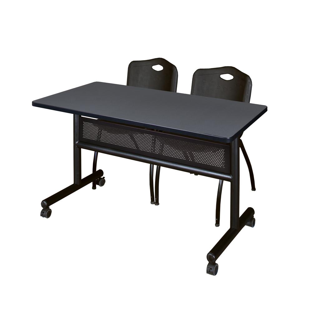 48" x 24" Flip Top Mobile Training Table with Modesty Panel- Grey and 2 "M" Stack Chairs- Black. Picture 1