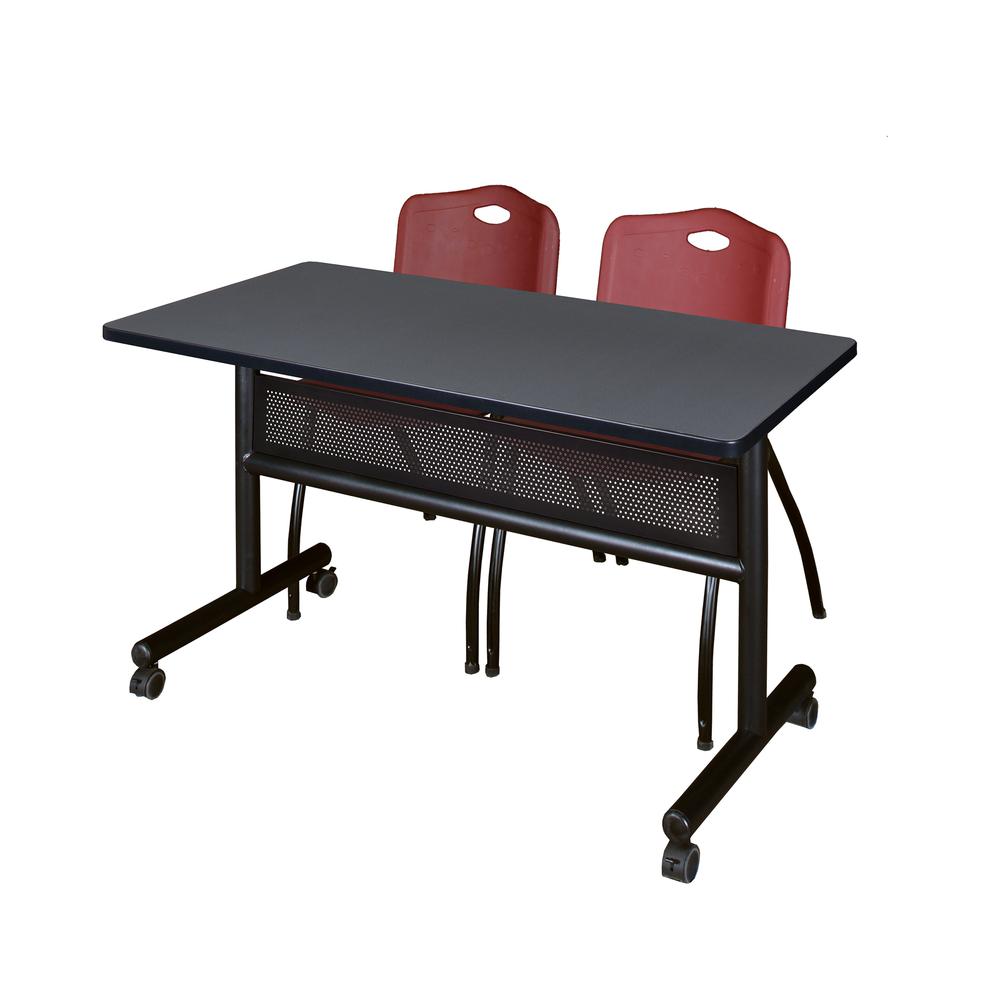 48" x 24" Flip Top Mobile Training Table with Modesty Panel- Grey and 2 "M" Stack Chairs- Burgundy. Picture 1