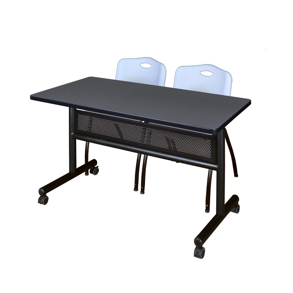 48" x 24" Flip Top Mobile Training Table with Modesty Panel- Grey and 2 "M" Stack Chairs- Grey. Picture 1