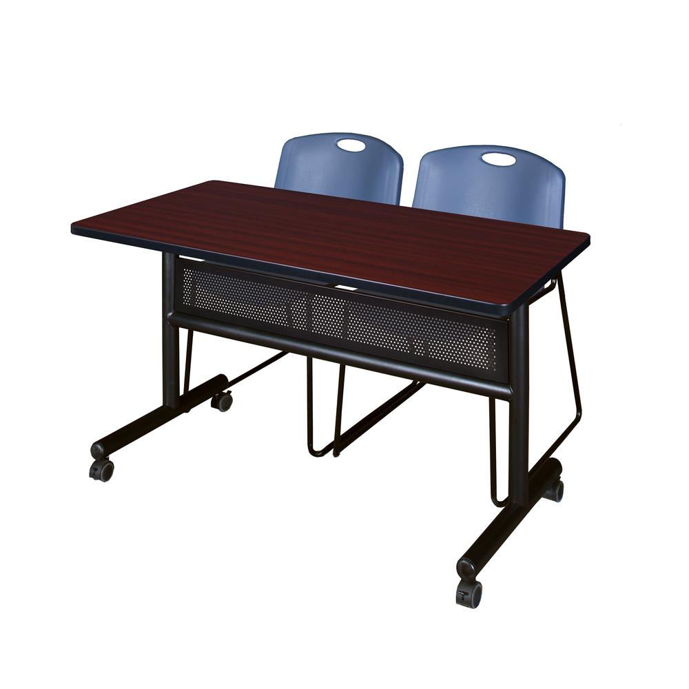 48" x 24" Flip Top Mobile Training Table with Modesty Panel- Mahogany and 2 Zeng Stack Chairs- Blue. Picture 1