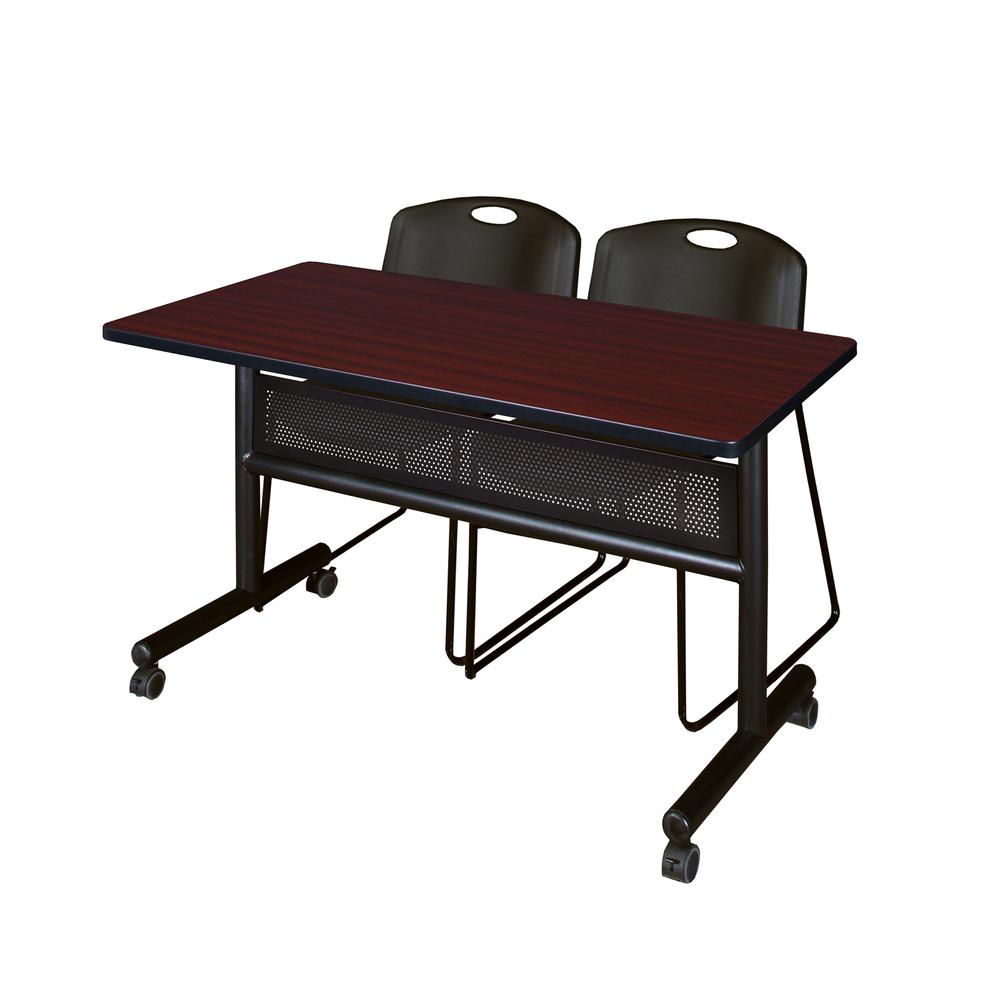 48" x 24" Flip Top Mobile Training Table with Modesty Panel- Mahogany and 2 Zeng Stack Chairs- Black. Picture 1
