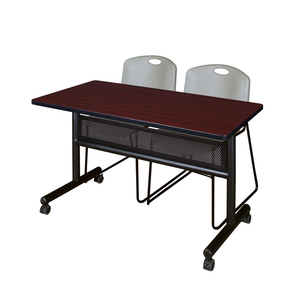 48" x 24" Flip Top Mobile Training Table with Modesty Panel- Mahogany and 2 Zeng Stack Chairs- Grey. Picture 1