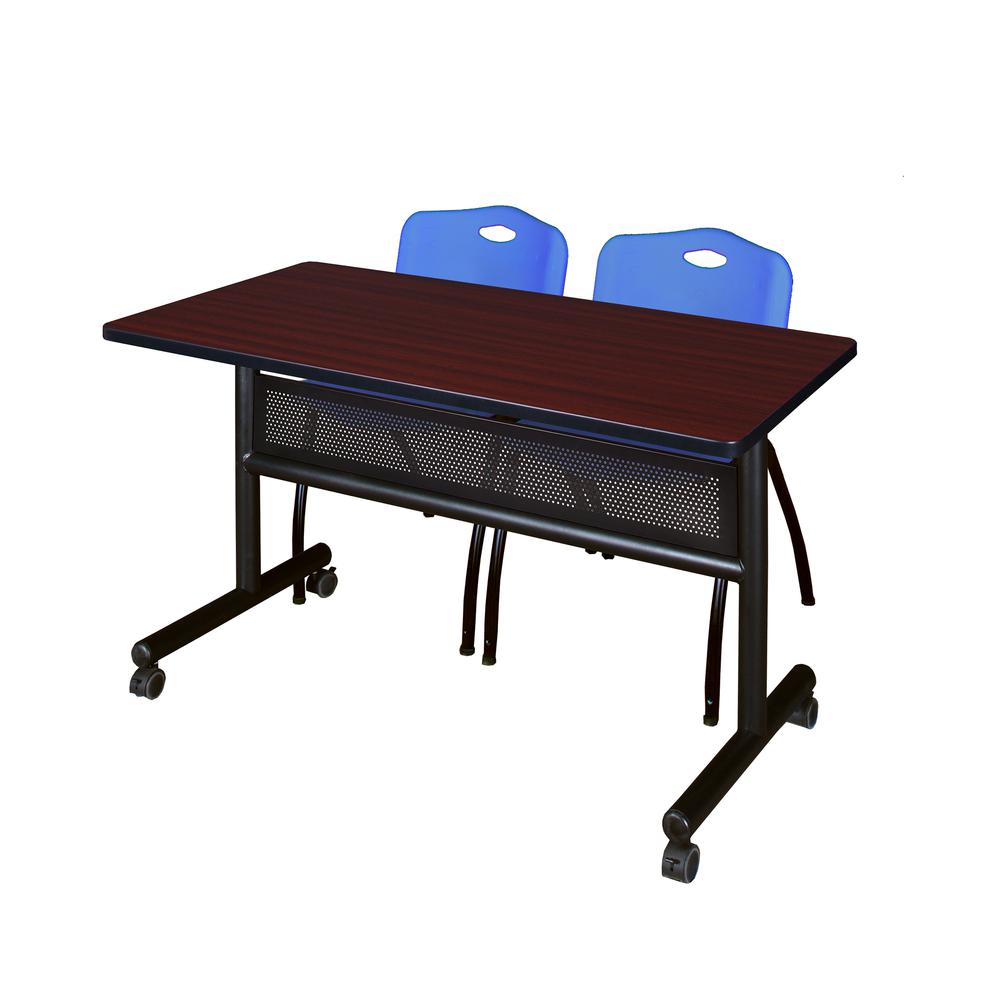 48" x 24" Flip Top Mobile Training Table with Modesty Panel- Mahogany and 2 "M" Stack Chairs- Blue. Picture 1