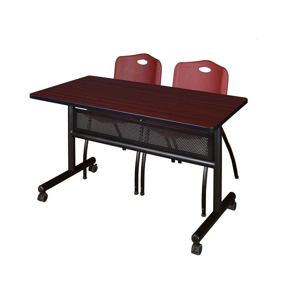 48" x 24" Flip Top Mobile Training Table with Modesty Panel- Mahogany and 2 "M" Stack Chairs- Burgundy. Picture 1