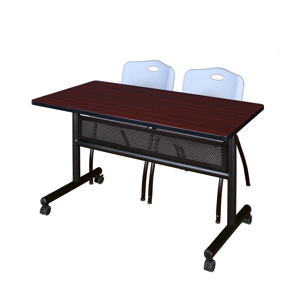48" x 24" Flip Top Mobile Training Table with Modesty Panel- Mahogany and 2 "M" Stack Chairs- Grey. Picture 1