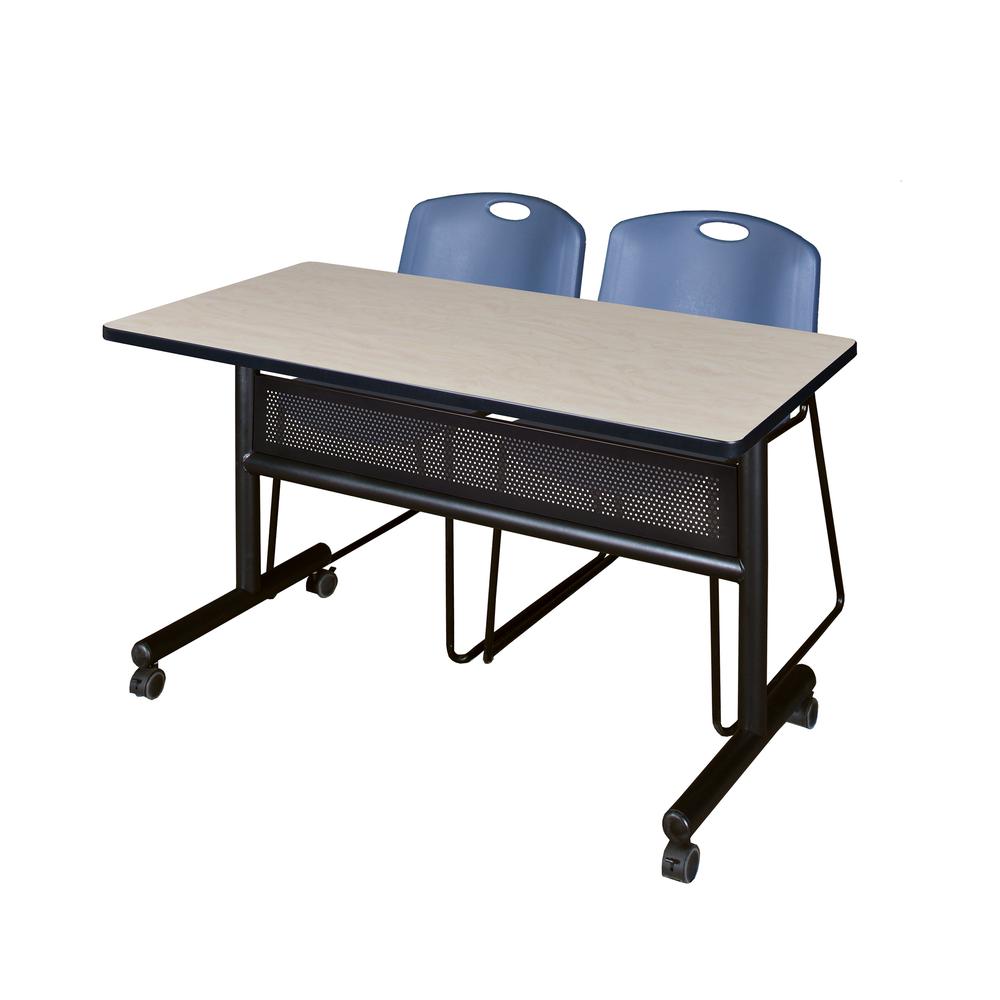48" x 24" Flip Top Mobile Training Table with Modesty Panel- Maple and 2 Zeng Stack Chairs- Blue. Picture 1