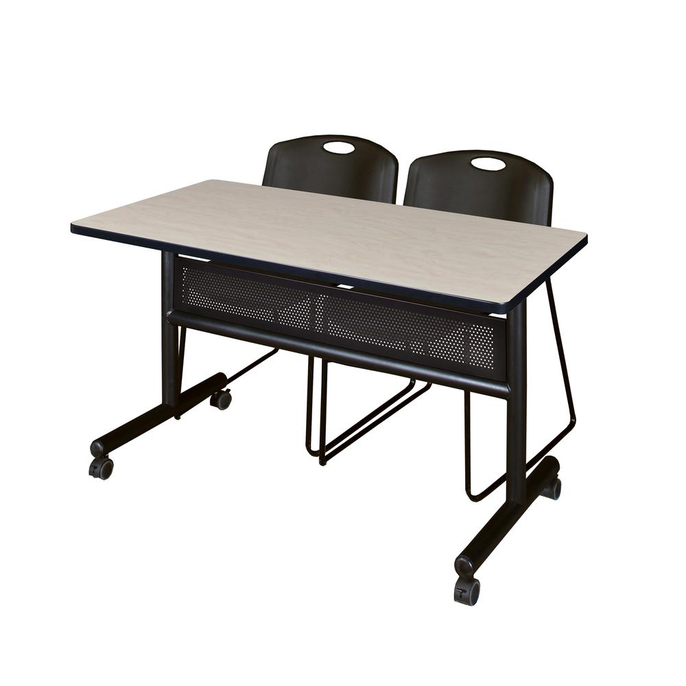 48" x 24" Flip Top Mobile Training Table with Modesty Panel- Maple and 2 Zeng Stack Chairs- Black. Picture 1