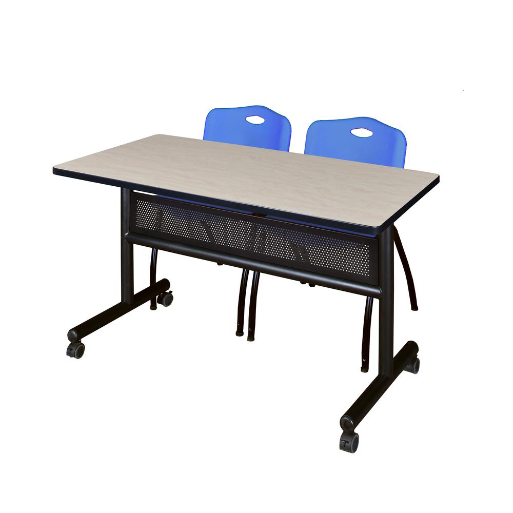 48" x 24" Flip Top Mobile Training Table with Modesty Panel- Maple and 2 "M" Stack Chairs- Blue. Picture 1