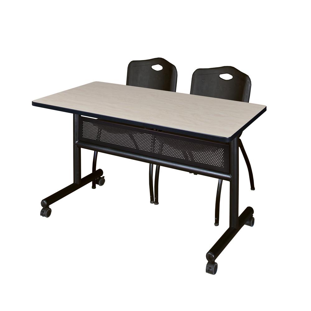 48" x 24" Flip Top Mobile Training Table with Modesty Panel- Maple and 2 "M" Stack Chairs- Black. Picture 1
