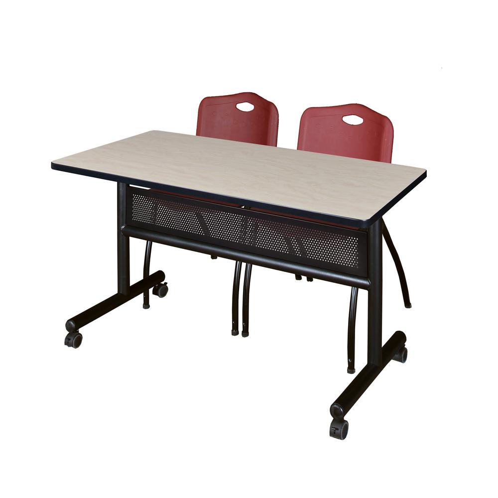 48" x 24" Flip Top Mobile Training Table with Modesty Panel- Maple and 2 "M" Stack Chairs- Burgundy. Picture 1