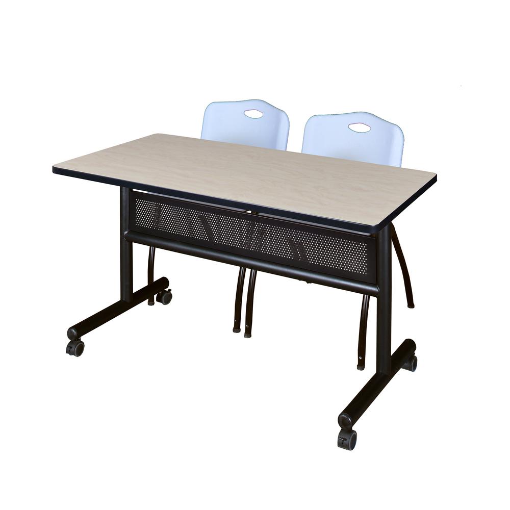 48" x 24" Flip Top Mobile Training Table with Modesty Panel- Maple and 2 "M" Stack Chairs- Grey. Picture 1