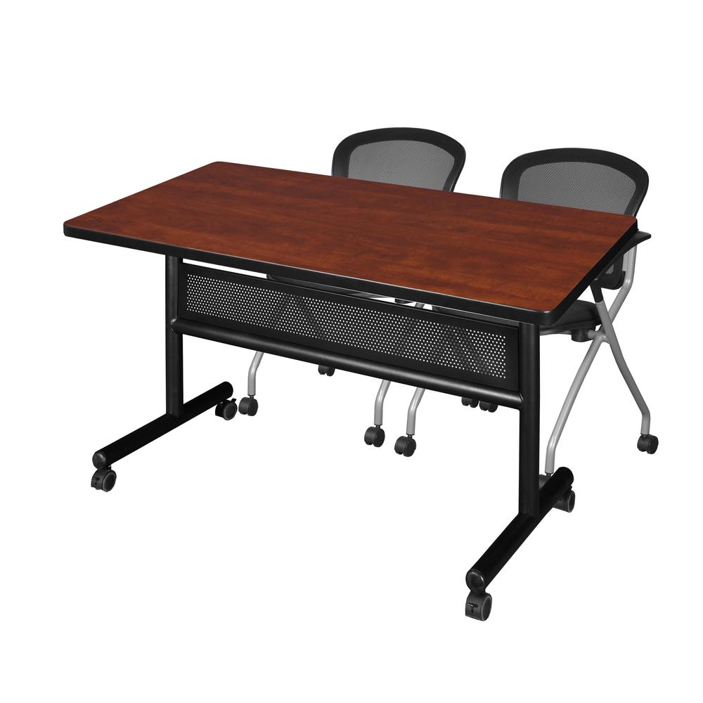 48" x 30" Flip Top Mobile Training Table with Modesty Panel- Cherry and 2 Cadence Nesting Chairs. Picture 1