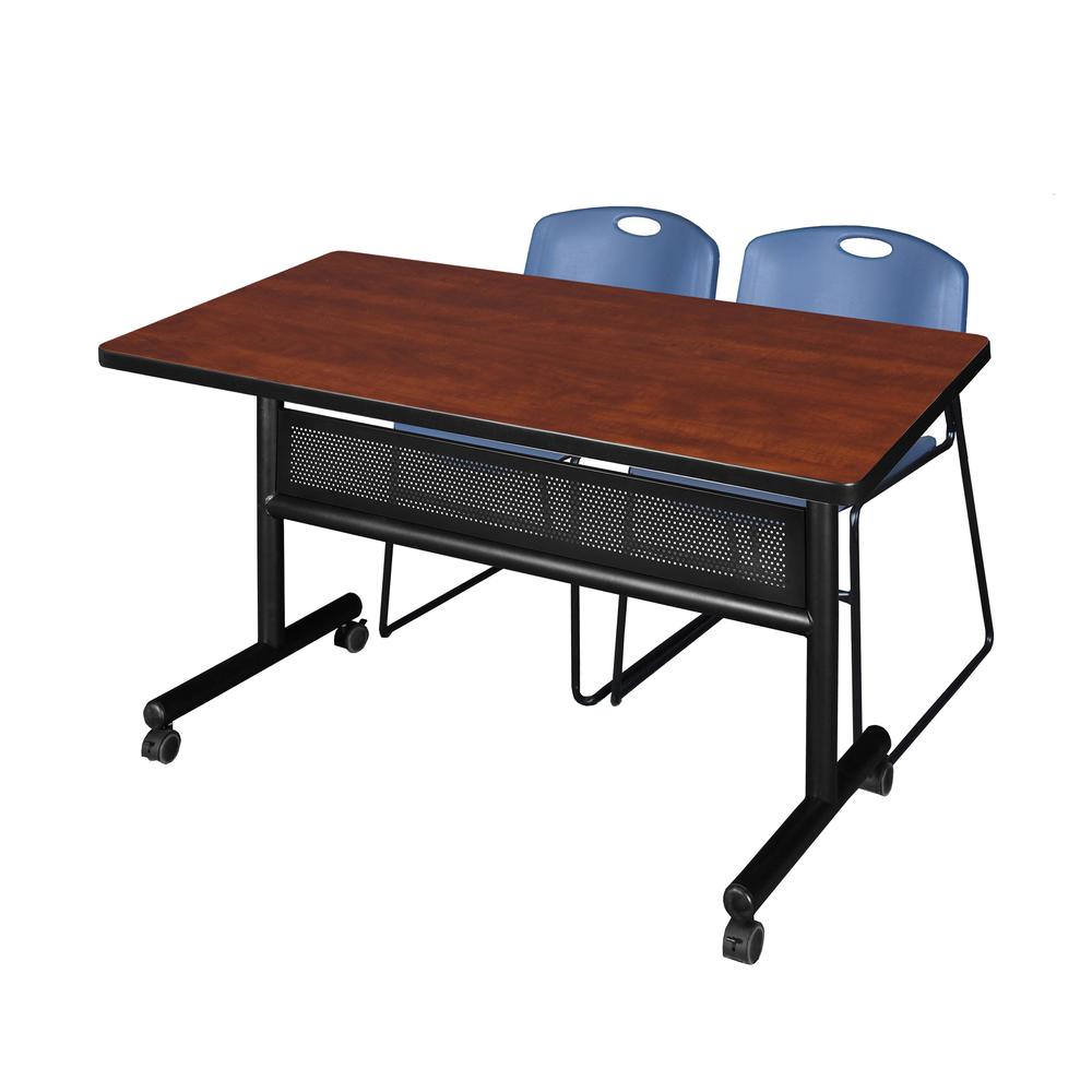 48" x 30" Flip Top Mobile Training Table with Modesty Panel- Cherry and 2 Zeng Stack Chairs- Blue. Picture 1