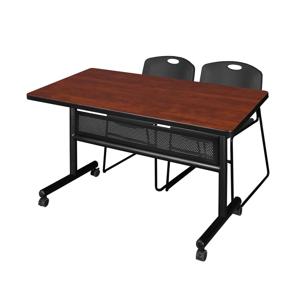 48" x 30" Flip Top Mobile Training Table with Modesty Panel- Cherry and 2 Zeng Stack Chairs- Black. Picture 1