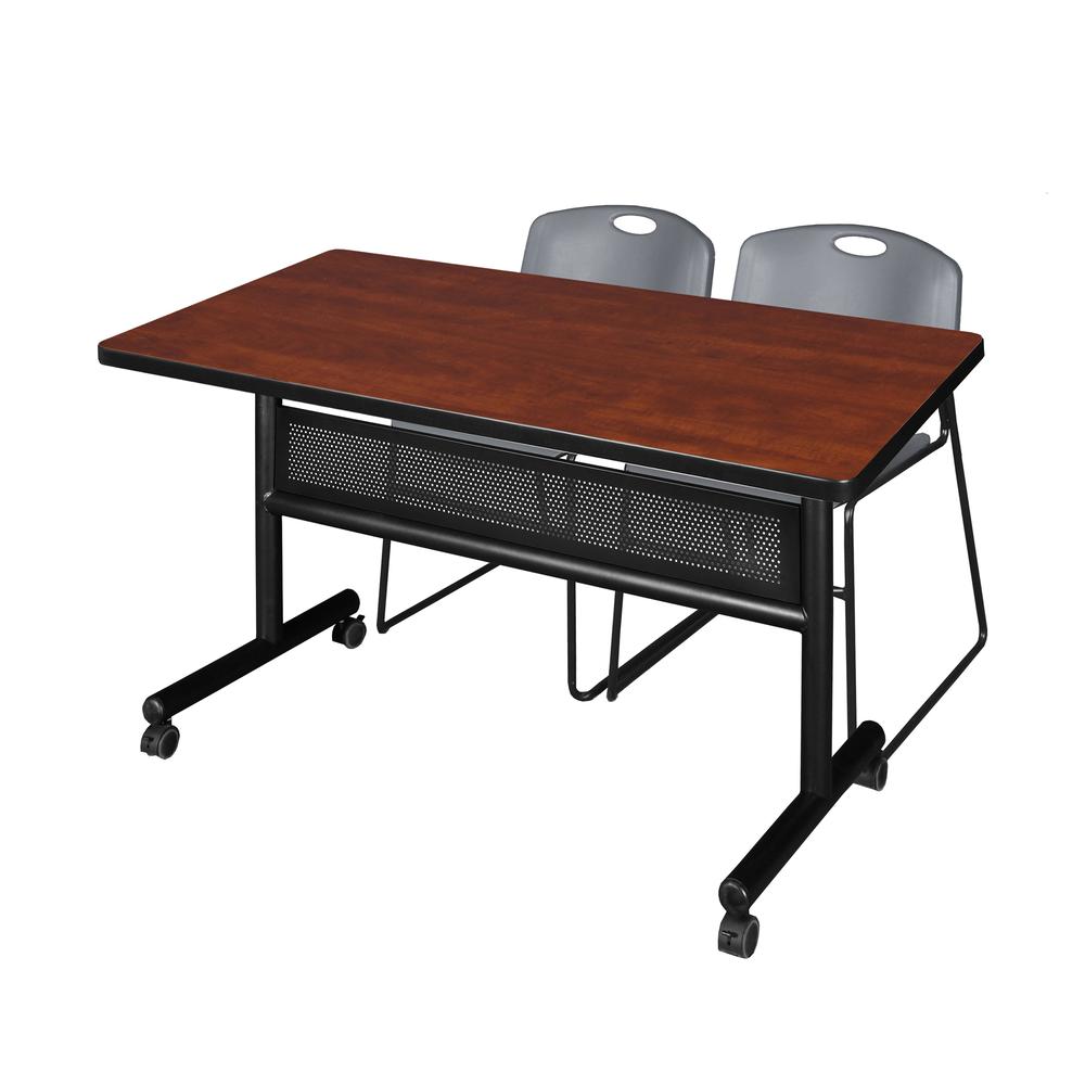 48" x 30" Flip Top Mobile Training Table with Modesty Panel- Cherry and 2 Zeng Stack Chairs- Grey. Picture 1