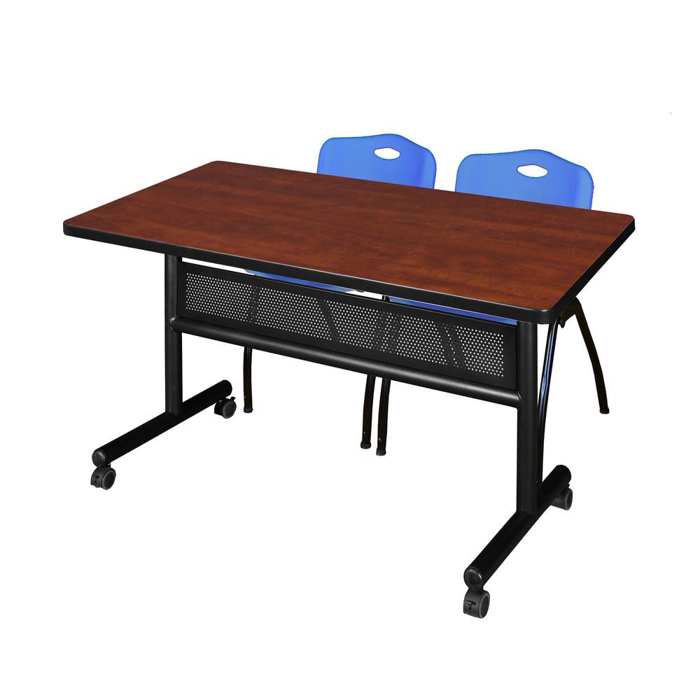 48" x 30" Flip Top Mobile Training Table with Modesty Panel- Cherry and 2 "M" Stack Chairs- Blue. Picture 1