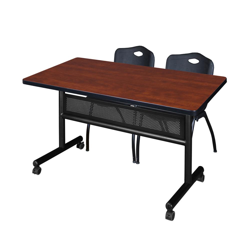 48" x 30" Flip Top Mobile Training Table with Modesty Panel- Cherry and 2 "M" Stack Chairs- Black. Picture 1