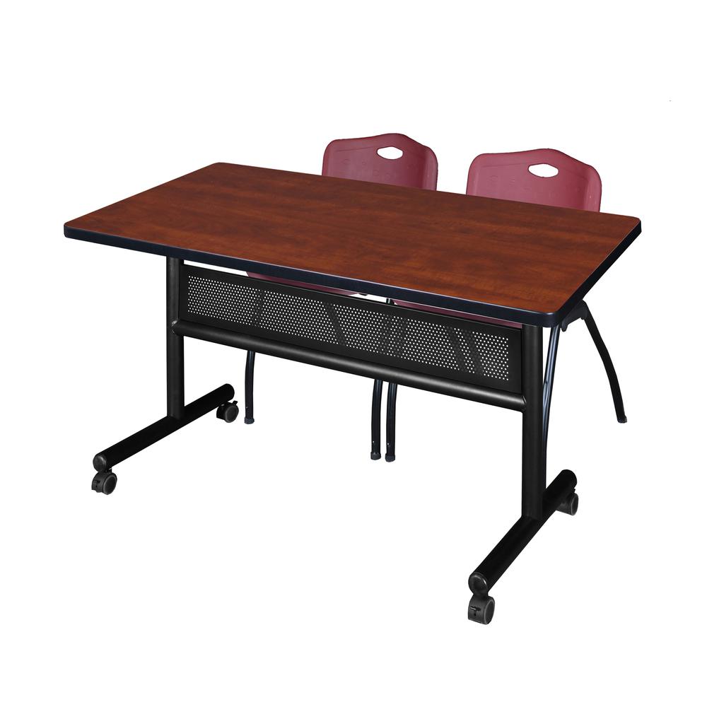 48" x 30" Flip Top Mobile Training Table with Modesty Panel- Cherry and 2 "M" Stack Chairs- Burgundy. Picture 1