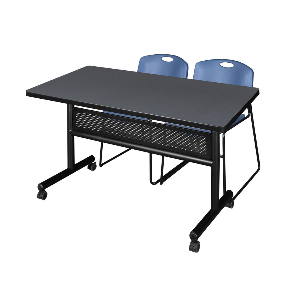 48" x 30" Flip Top Mobile Training Table with Modesty Panel- Grey and 2 Zeng Stack Chairs- Blue. Picture 1
