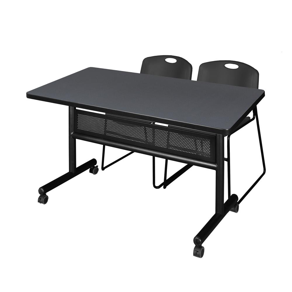 48" x 30" Flip Top Mobile Training Table with Modesty Panel- Grey and 2 Zeng Stack Chairs- Black. Picture 1