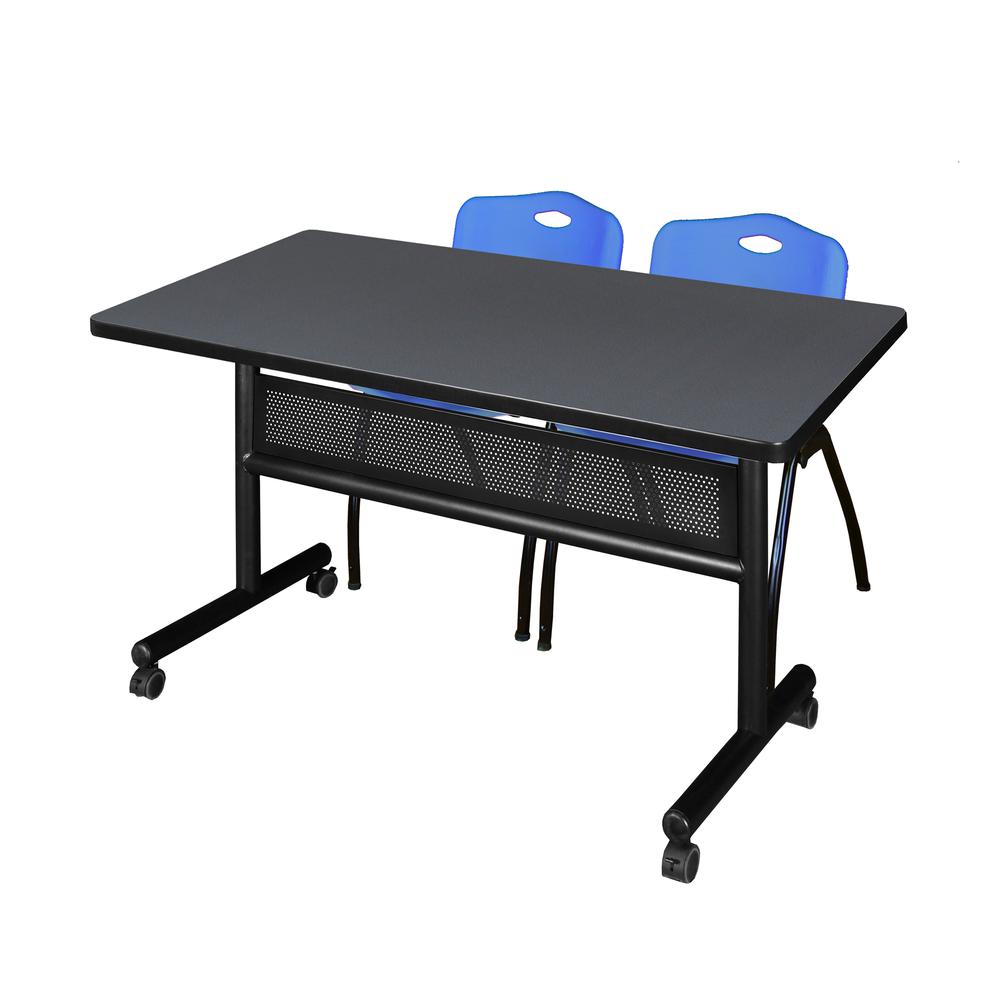 48" x 30" Flip Top Mobile Training Table with Modesty Panel- Grey and 2 "M" Stack Chairs- Blue. Picture 1