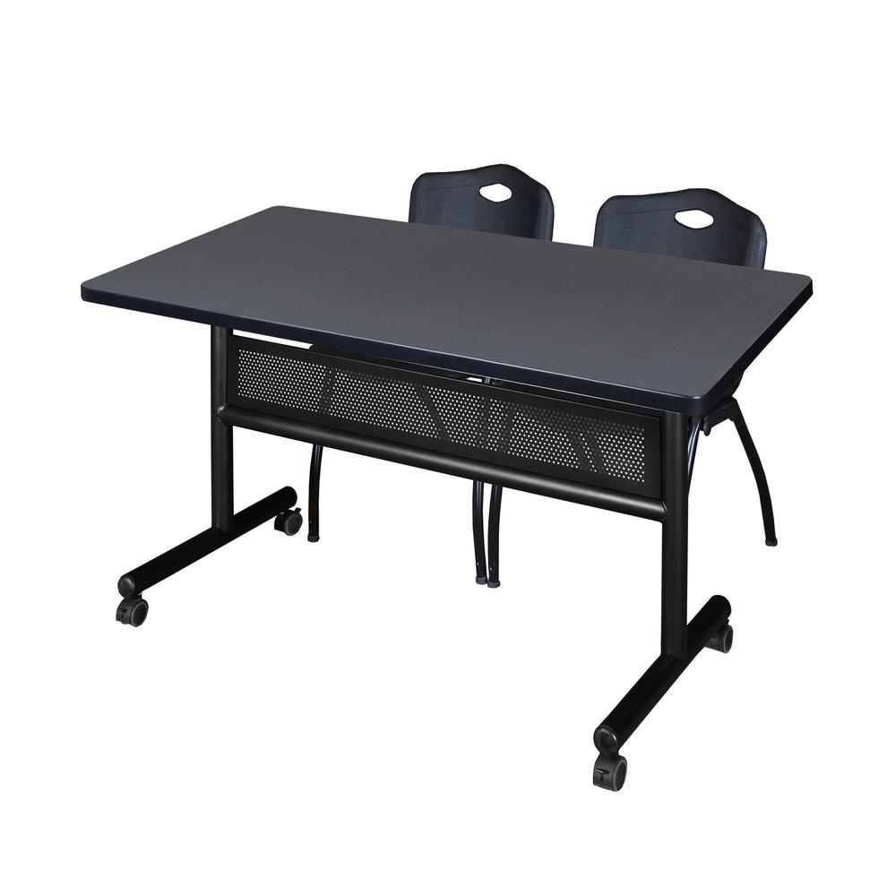 48" x 30" Flip Top Mobile Training Table with Modesty Panel- Grey and 2 "M" Stack Chairs- Black. Picture 1