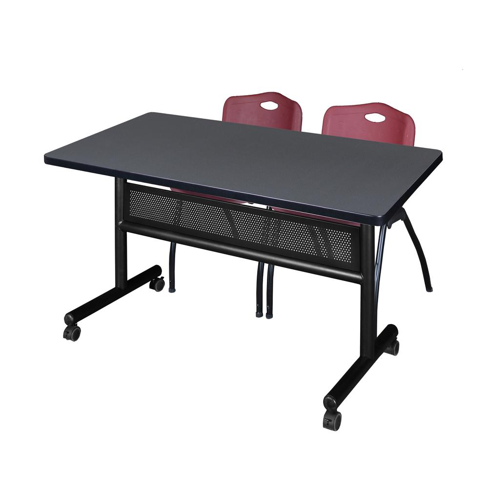 48" x 30" Flip Top Mobile Training Table with Modesty Panel- Grey and 2 "M" Stack Chairs- Burgundy. Picture 1