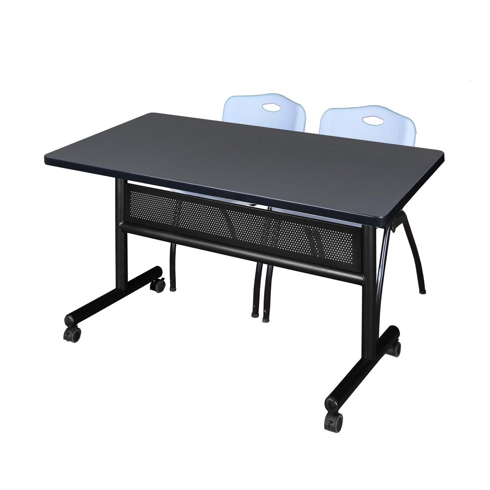 48" x 30" Flip Top Mobile Training Table with Modesty Panel- Grey and 2 "M" Stack Chairs- Grey. Picture 1