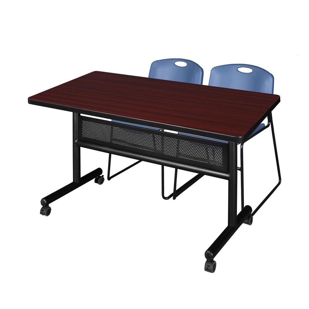 48" x 30" Flip Top Mobile Training Table with Modesty Panel- Mahogany and 2 Zeng Stack Chairs- Blue. Picture 1