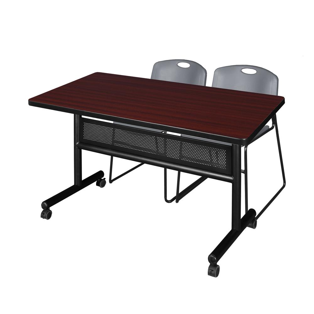 48" x 30" Flip Top Mobile Training Table with Modesty Panel- Mahogany and 2 Zeng Stack Chairs- Grey. Picture 1