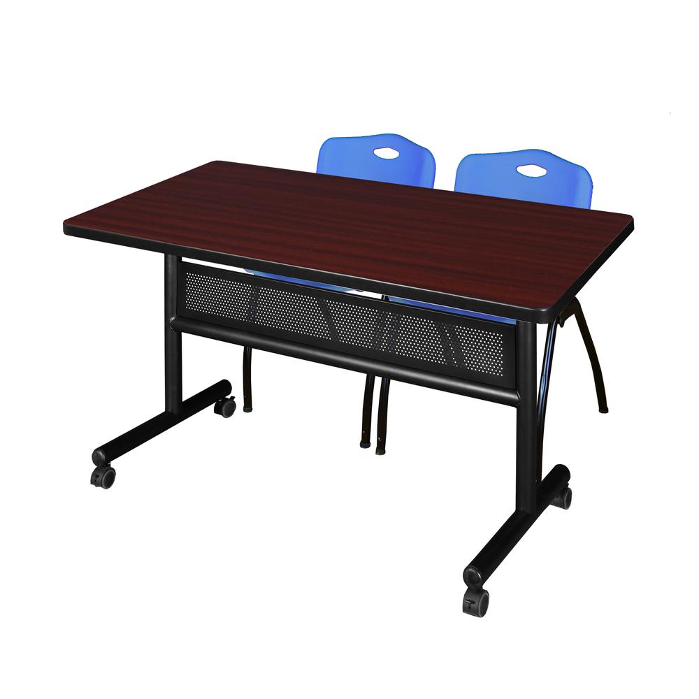 48" x 30" Flip Top Mobile Training Table with Modesty Panel- Mahogany and 2 "M" Stack Chairs- Blue. Picture 1
