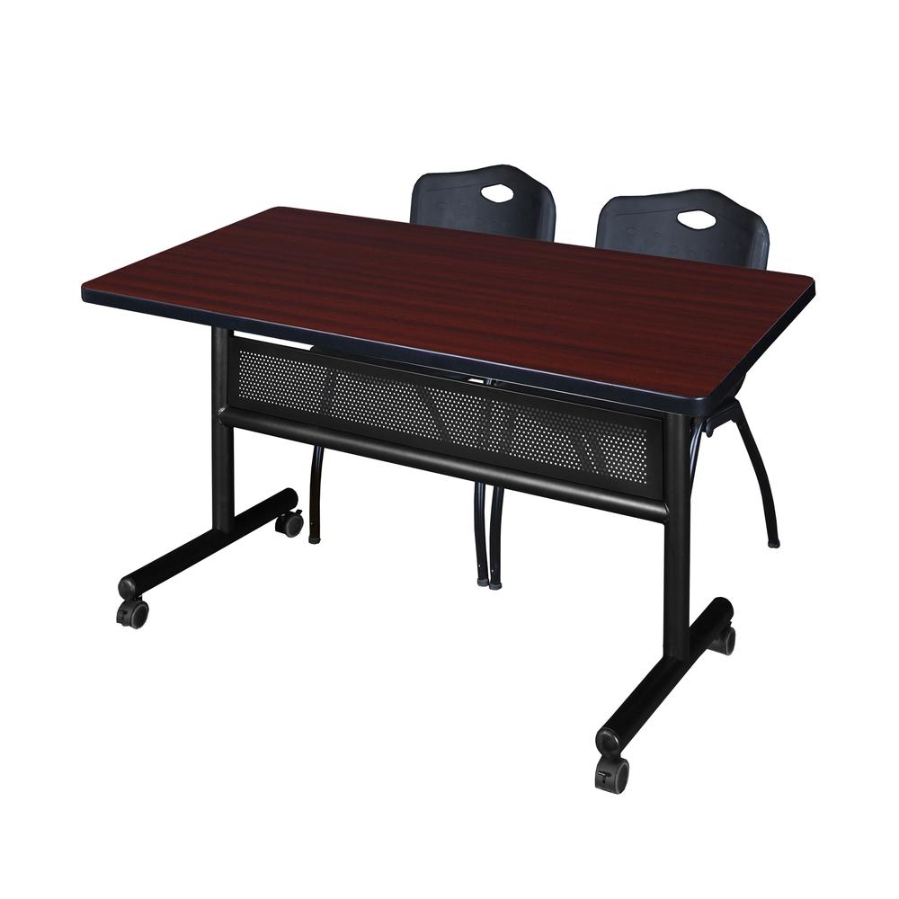 48" x 30" Flip Top Mobile Training Table with Modesty Panel- Mahogany and 2 "M" Stack Chairs- Black. Picture 1