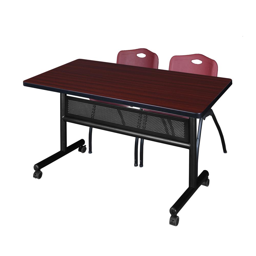 48" x 30" Flip Top Mobile Training Table with Modesty Panel- Mahogany and 2 "M" Stack Chairs- Burgundy. Picture 1