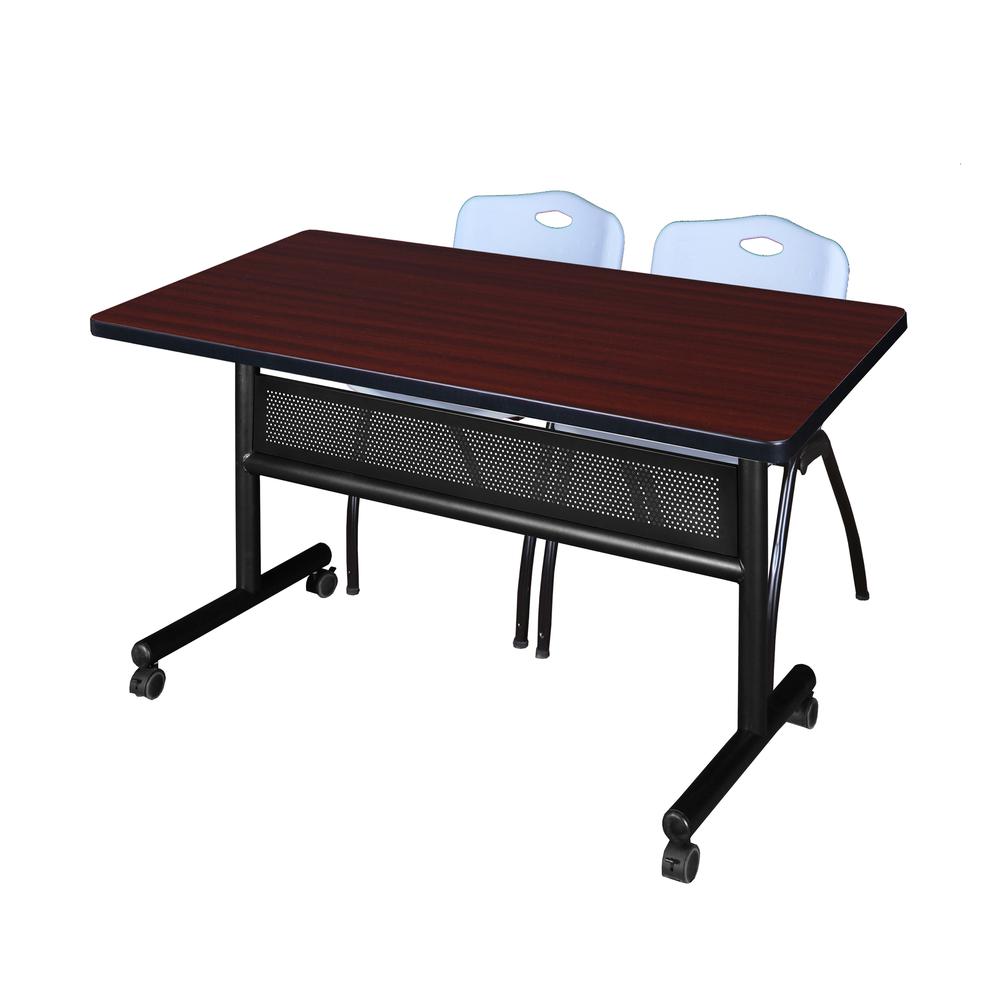 48" x 30" Flip Top Mobile Training Table with Modesty Panel- Mahogany and 2 "M" Stack Chairs- Grey. Picture 1