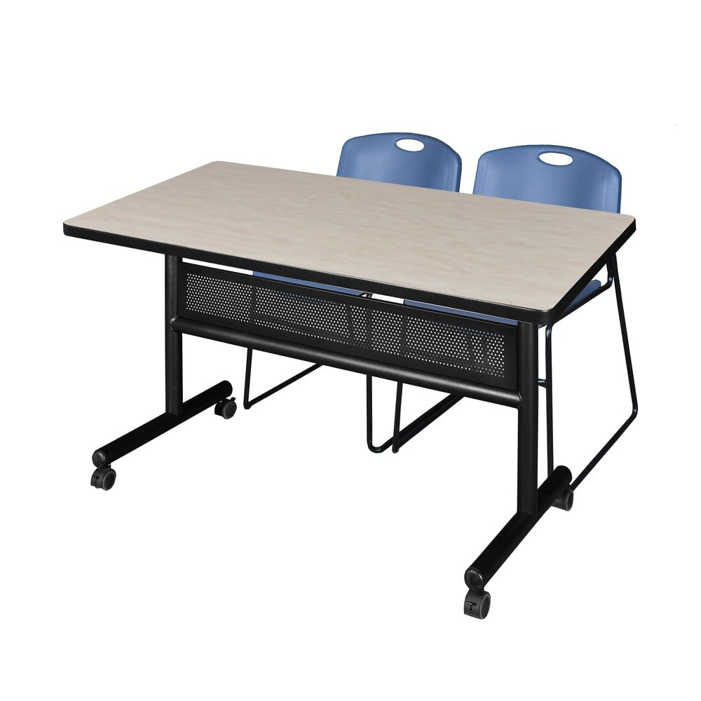 48" x 30" Flip Top Mobile Training Table with Modesty Panel- Maple and 2 Zeng Stack Chairs- Blue. Picture 1