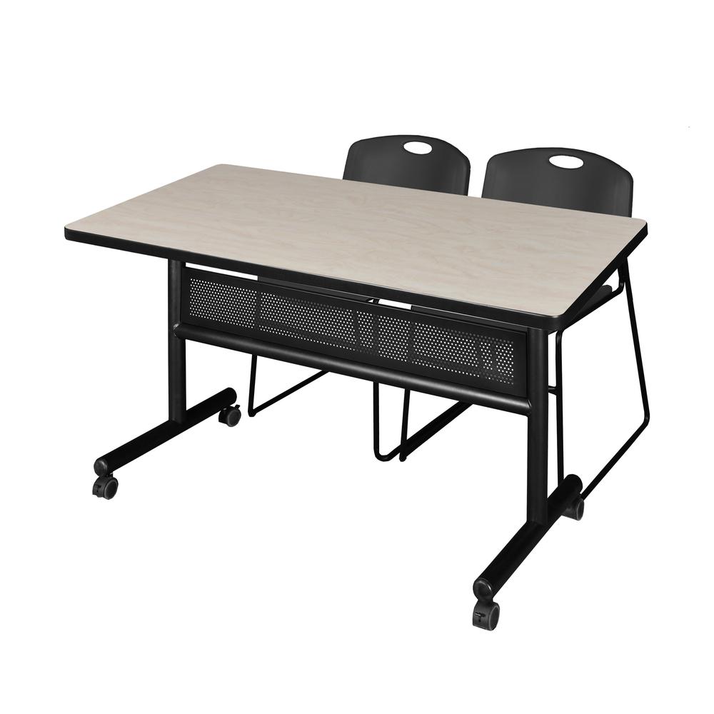 48" x 30" Flip Top Mobile Training Table with Modesty Panel- Maple and 2 Zeng Stack Chairs- Black. Picture 1