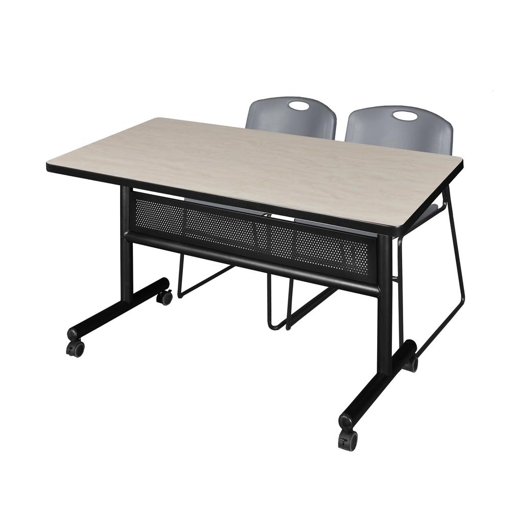48" x 30" Flip Top Mobile Training Table with Modesty Panel- Maple and 2 Zeng Stack Chairs- Grey. The main picture.