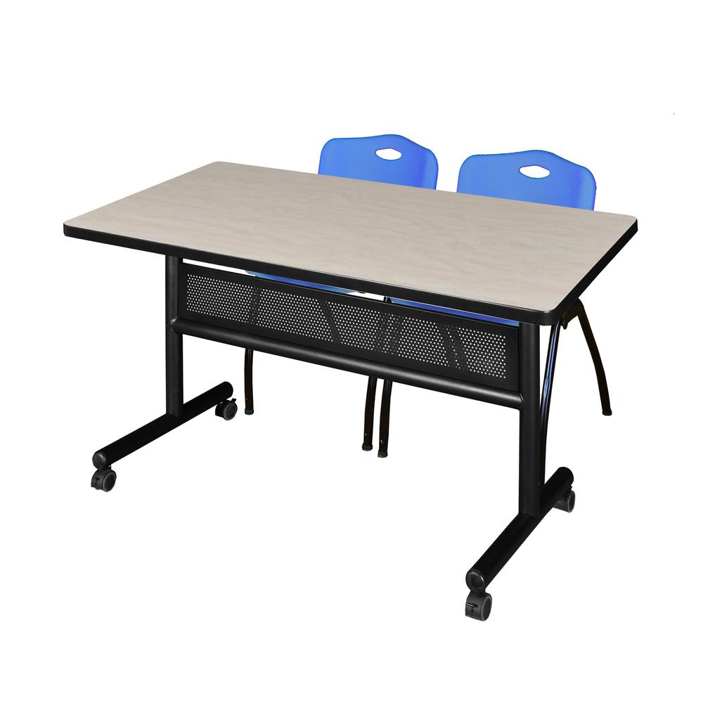 48" x 30" Flip Top Mobile Training Table with Modesty Panel- Maple and 2 "M" Stack Chairs- Blue. Picture 1
