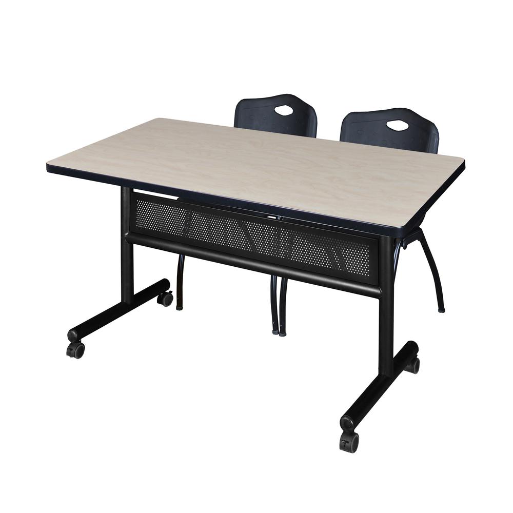 48" x 30" Flip Top Mobile Training Table with Modesty Panel- Maple and 2 "M" Stack Chairs- Black. Picture 1