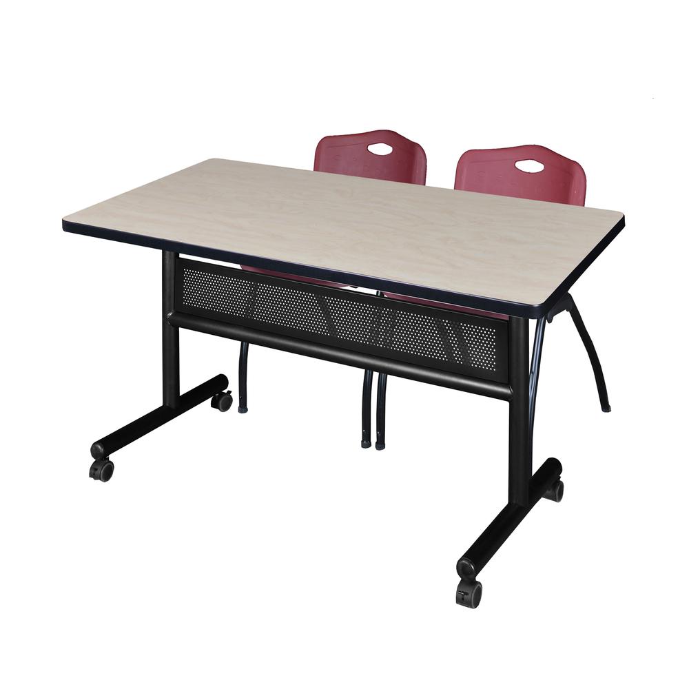 48" x 30" Flip Top Mobile Training Table with Modesty Panel- Maple and 2 "M" Stack Chairs- Burgundy. Picture 1