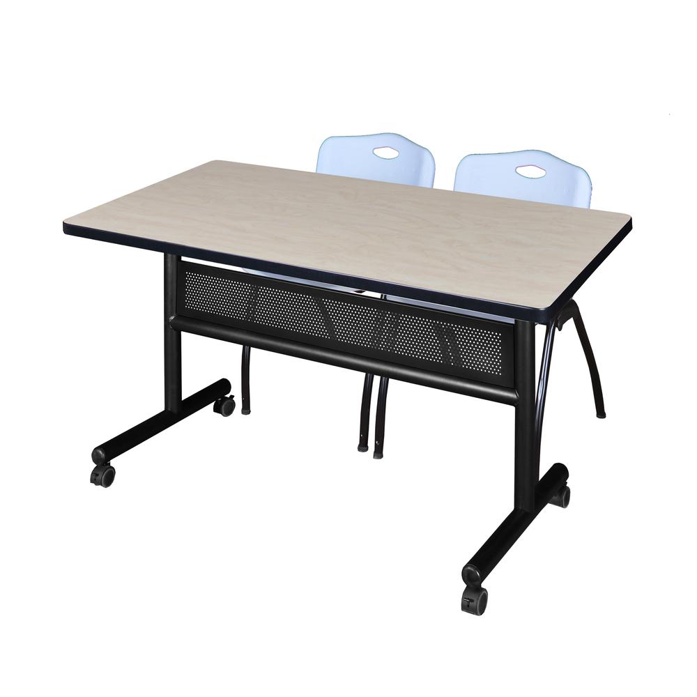 48" x 30" Flip Top Mobile Training Table with Modesty Panel- Maple and 2 "M" Stack Chairs- Grey. Picture 1