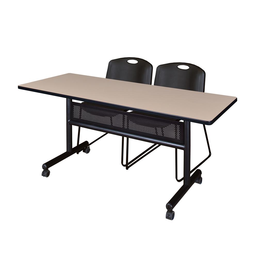 60" x 24" Flip Top Mobile Training Table with Modesty Panel- Beige and 2 Zeng Stack Chairs- Black. Picture 1
