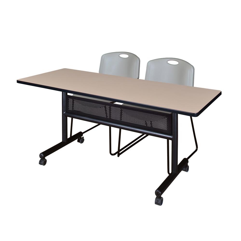 60" x 24" Flip Top Mobile Training Table with Modesty Panel- Beige and 2 Zeng Stack Chairs- Grey. Picture 1