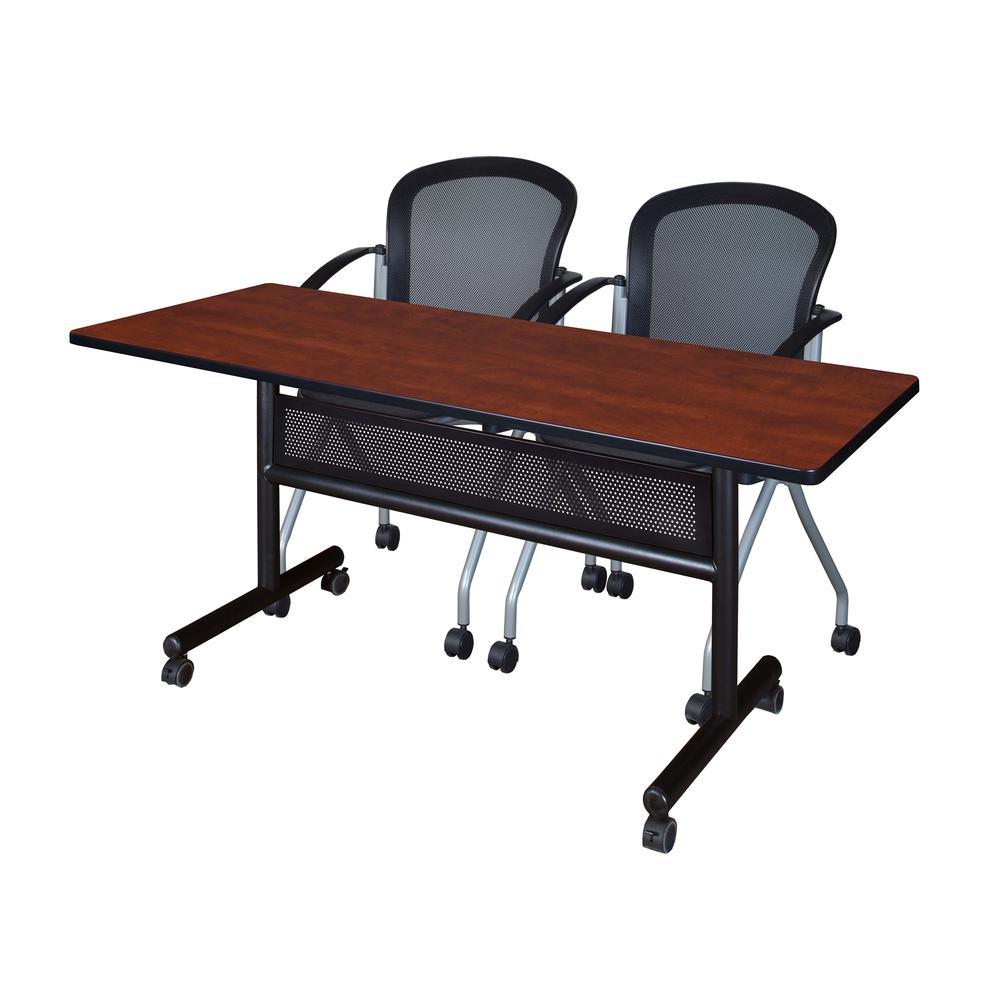 60" x 24" Flip Top Mobile Training Table with Modesty Panel- Cherry and 2 Cadence Nesting Chairs. Picture 1
