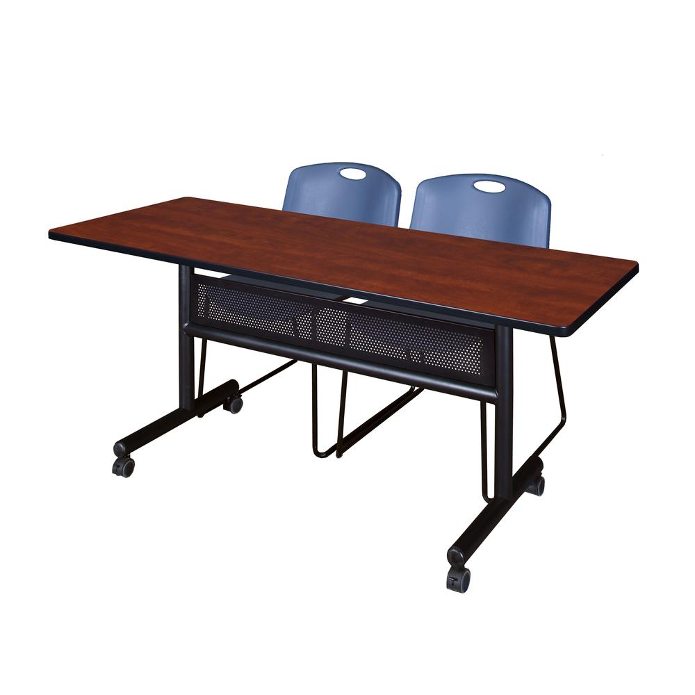 60" x 24" Flip Top Mobile Training Table with Modesty Panel- Cherry and 2 Zeng Stack Chairs- Blue. Picture 1