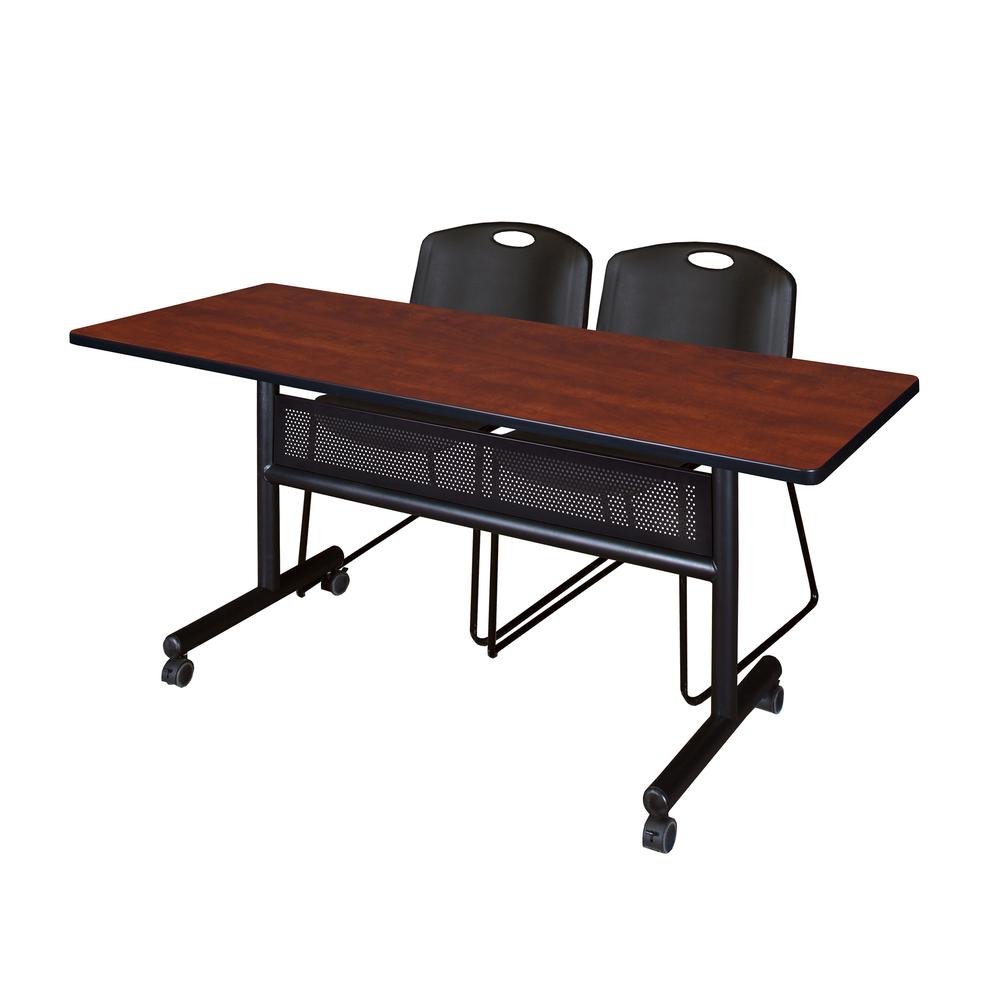 60" x 24" Flip Top Mobile Training Table with Modesty Panel- Cherry and 2 Zeng Stack Chairs- Black. Picture 1