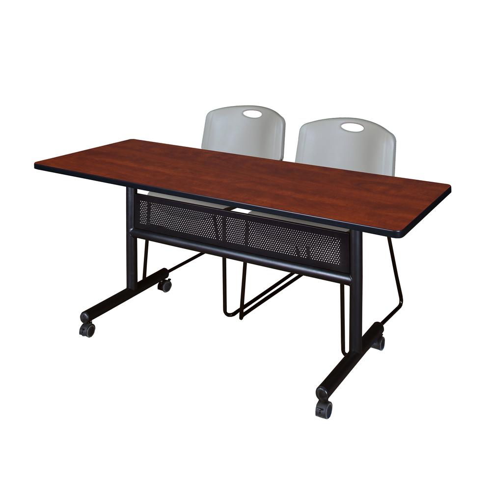 60" x 24" Flip Top Mobile Training Table with Modesty Panel- Cherry and 2 Zeng Stack Chairs- Grey. Picture 1