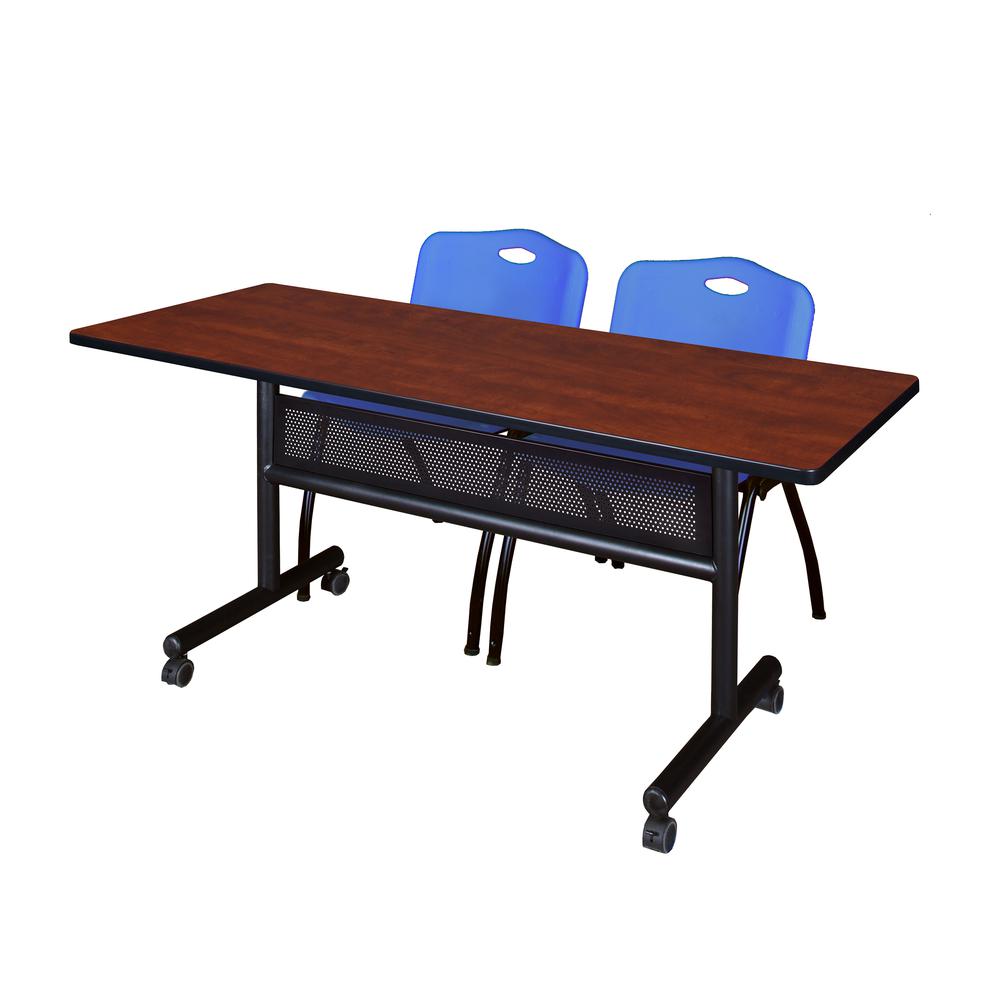60" x 24" Flip Top Mobile Training Table with Modesty Panel- Cherry and 2 "M" Stack Chairs- Blue. Picture 1