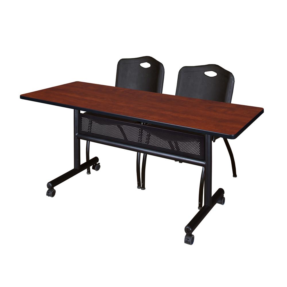 60" x 24" Flip Top Mobile Training Table with Modesty Panel- Cherry and 2 "M" Stack Chairs- Black. Picture 1