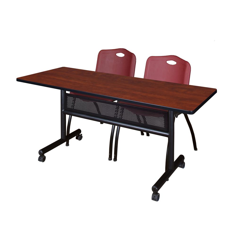 60" x 24" Flip Top Mobile Training Table with Modesty Panel- Cherry and 2 "M" Stack Chairs- Burgundy. Picture 1